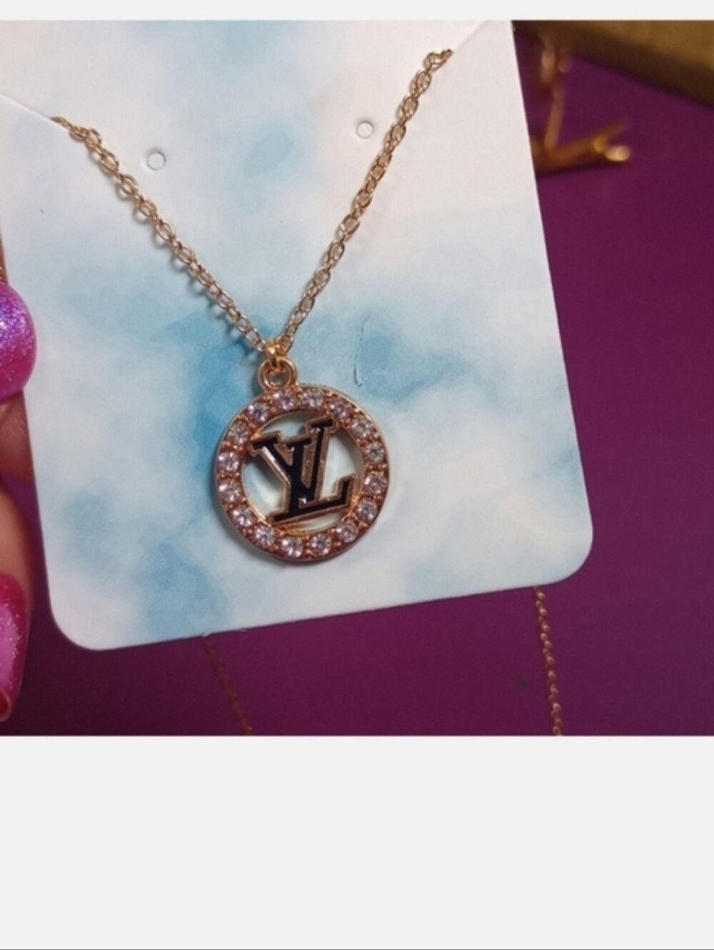 Gold-Tone Pendant Necklace with Crystal Circle and LV Style Accent